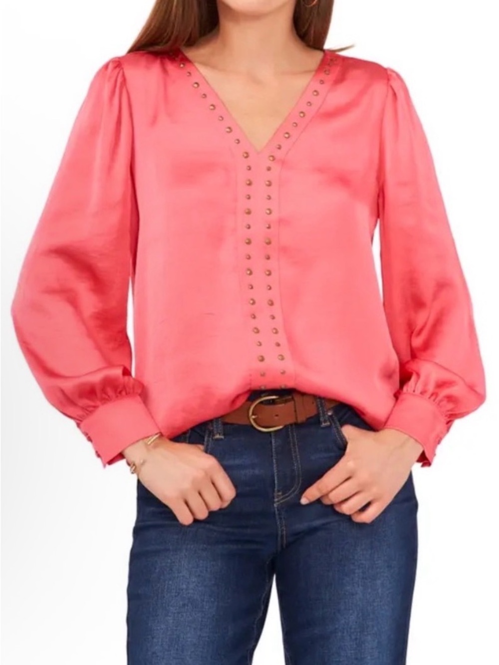 Vince Camuto Womens Coral V-Neck Studded Satin Blouse